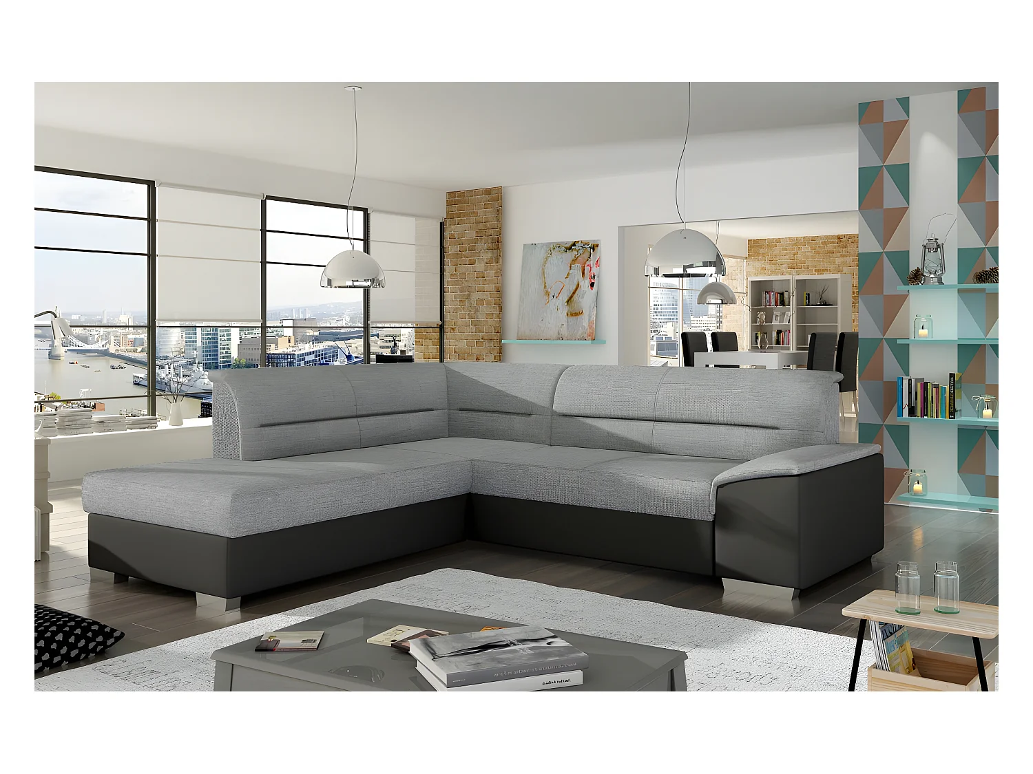 Canapé d'angle convertible en tissu luxe gris et simili cuir noir, 5 places, avec coffre, angle gauche (vu de face) - VERTU MIX