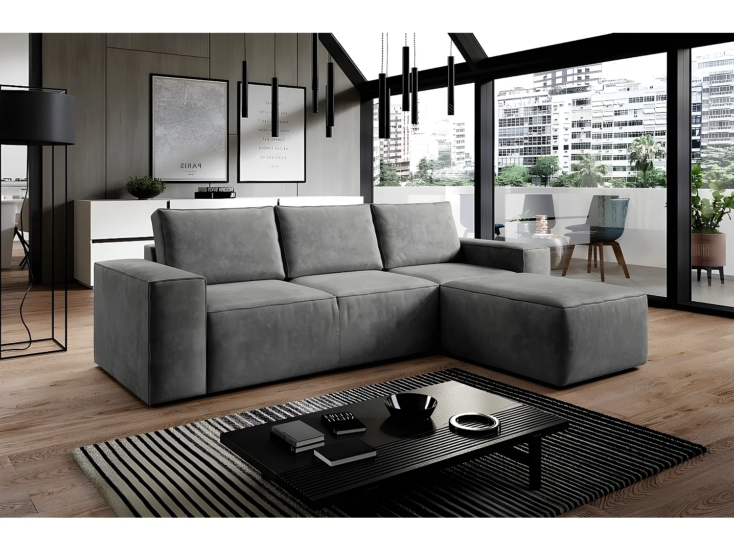 Canapé d'angle convertible - SIDNEY VELOURS - en tissu Luxe - 5/6 places, gris foncé, angle droit (vu de face)