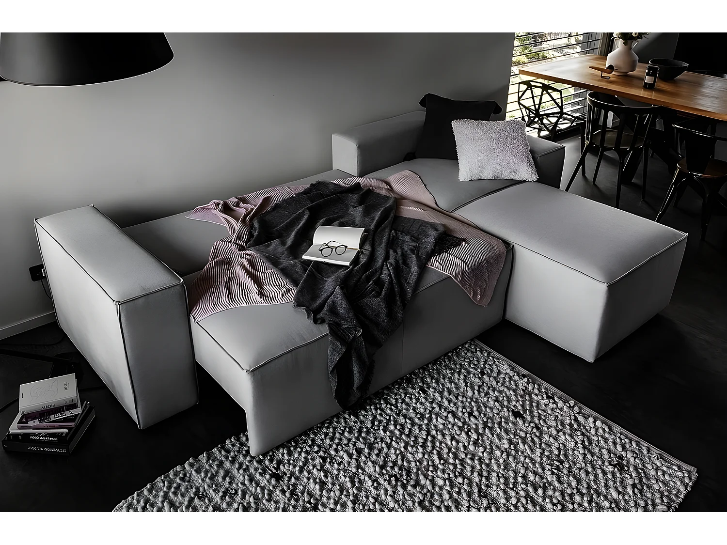 Canapé d'angle convertible - SIDNEY VELOURS - en tissu Luxe - 5/6 places, gris foncé, angle droit (vu de face)