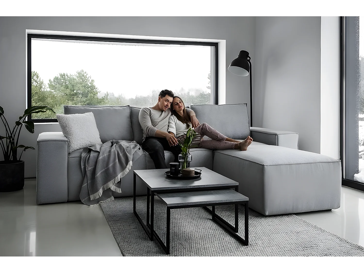 Canapé d'angle convertible - SIDNEY VELOURS - en tissu Luxe - 5/6 places, gris foncé, angle droit (vu de face)