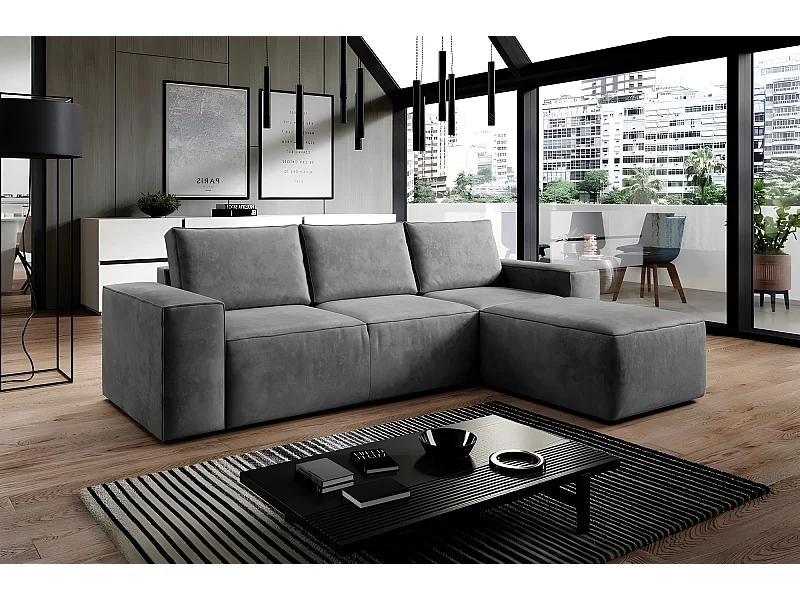 Canapé d'angle convertible - SIDNEY VELOURS - en tissu Luxe - 5/6 places, gris foncé, angle droit (vu de face)