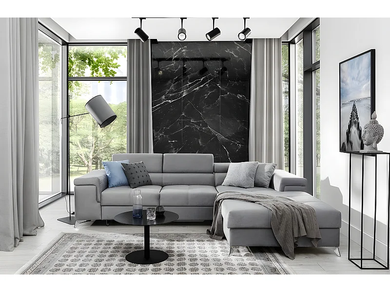 Canapé d'angle convertible en tissu velours luxe 5 places, RICHARD, gris, angle droit