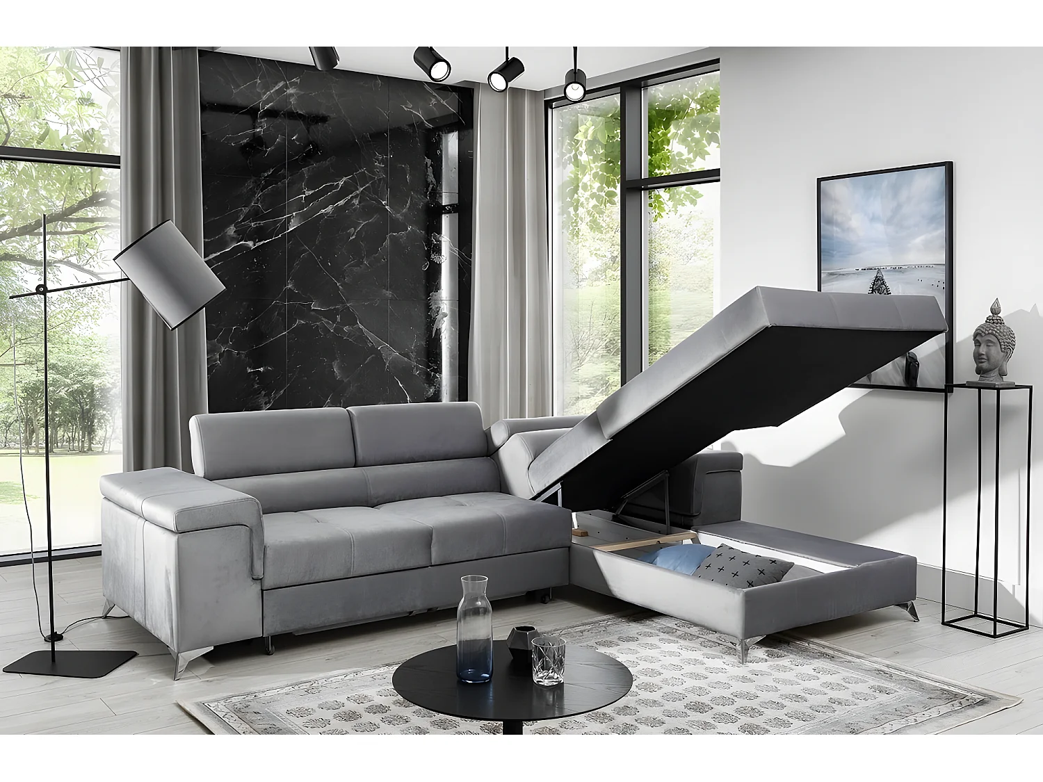 Canapé d'angle convertible en tissu velours luxe 5 places, RICHARD, gris, angle droit