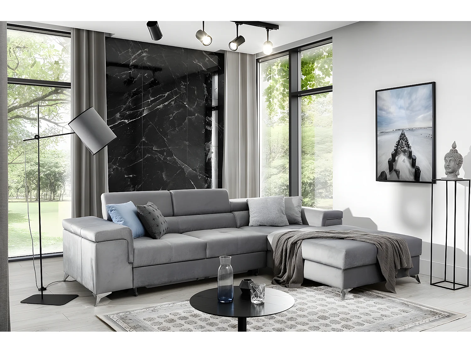 Canapé d'angle convertible en tissu velours luxe 5 places, RICHARD, gris, angle droit