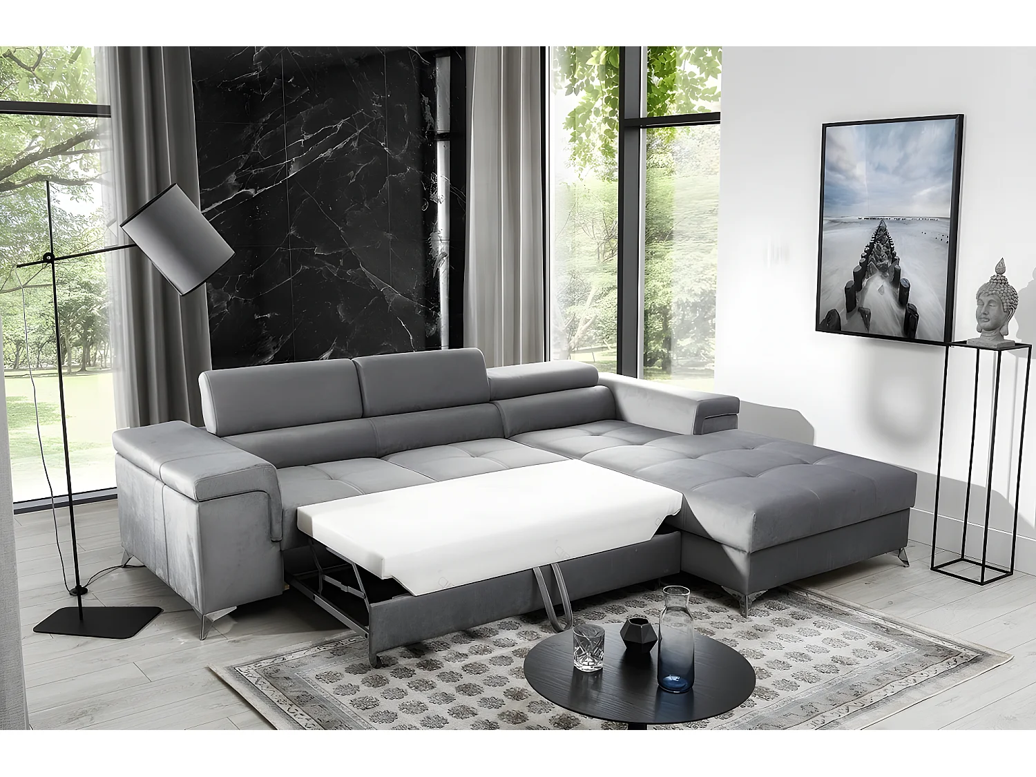Canapé d'angle convertible en tissu velours luxe 5 places, RICHARD, gris, angle droit