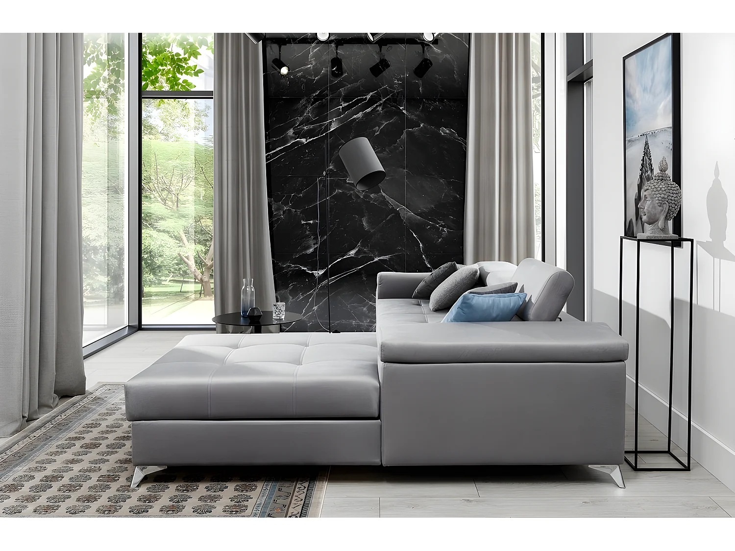 Canapé d'angle convertible en tissu velours luxe 5 places, RICHARD, gris, angle droit