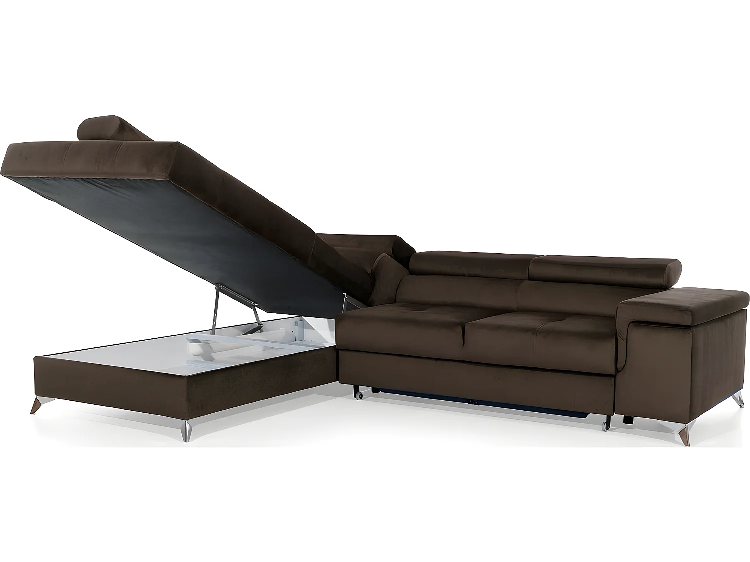 Canapé d'angle convertible - ERWAN - en tissu luxe 5 places, chocolat, angle gauche (vu de face)