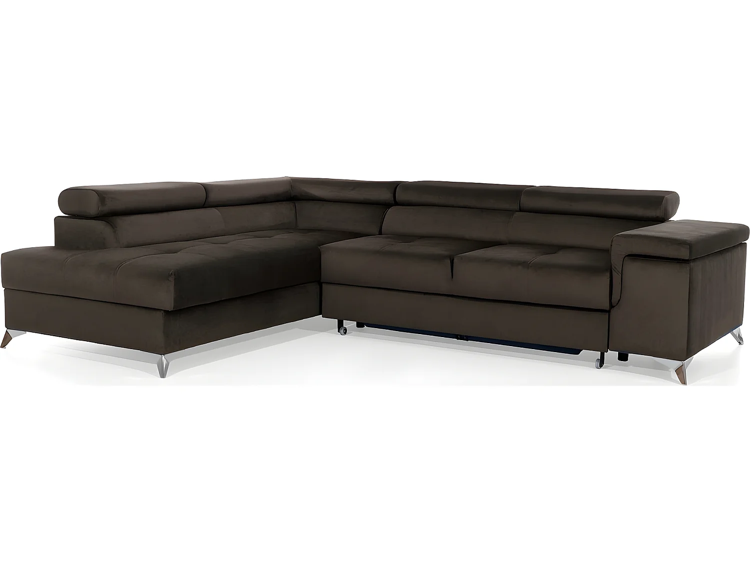 Canapé d'angle convertible - ERWAN - en tissu luxe 5 places, chocolat, angle gauche (vu de face)