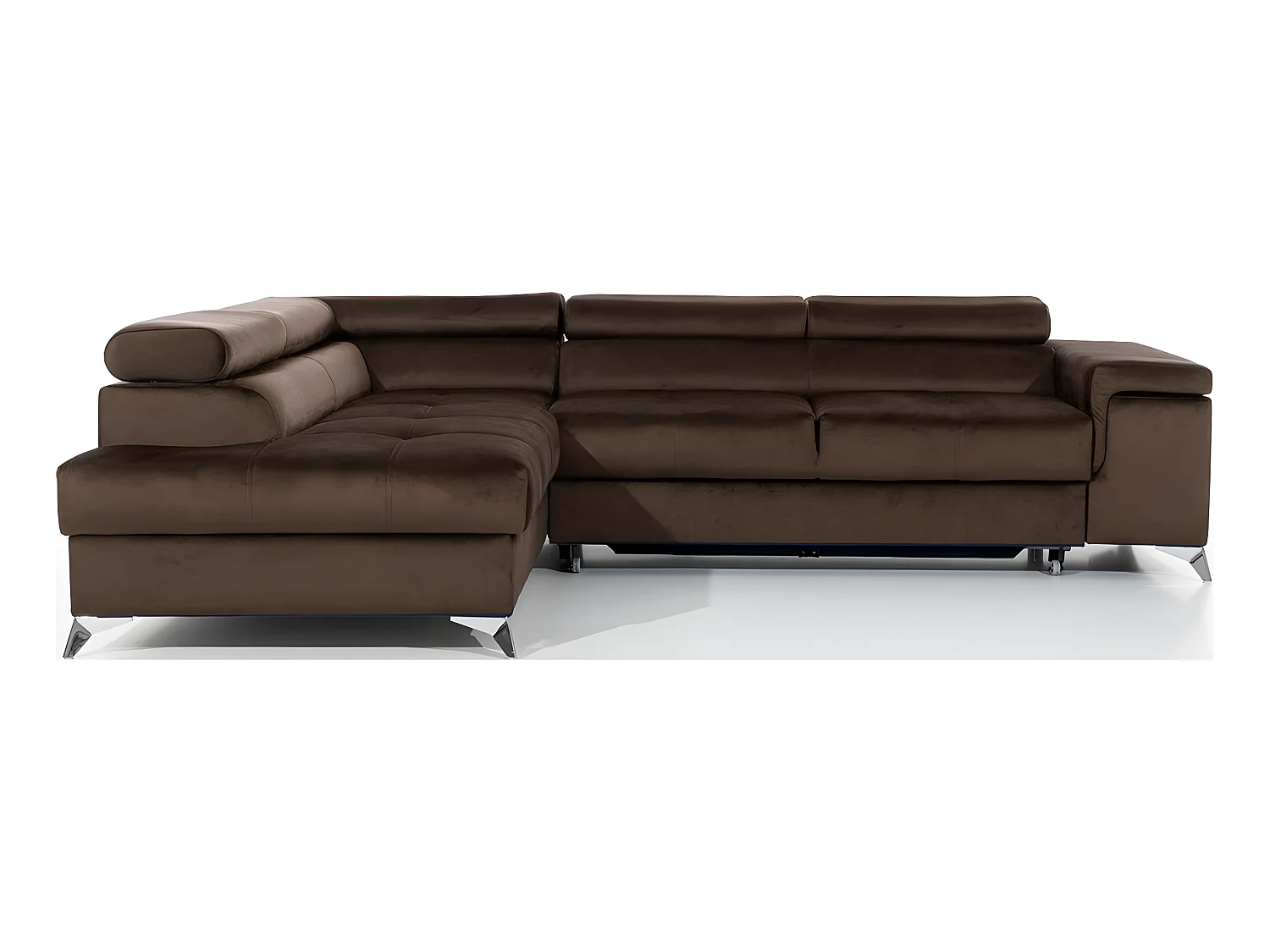 Hoekslaapbank van luxe stof ERWAN voor 5 personen, chocolade, linkerhoek