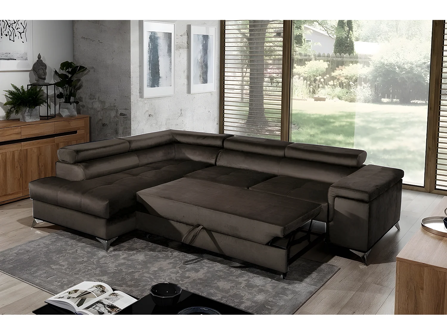 Canapé d'angle convertible - ERWAN - en tissu luxe 5 places, chocolat, angle gauche (vu de face)