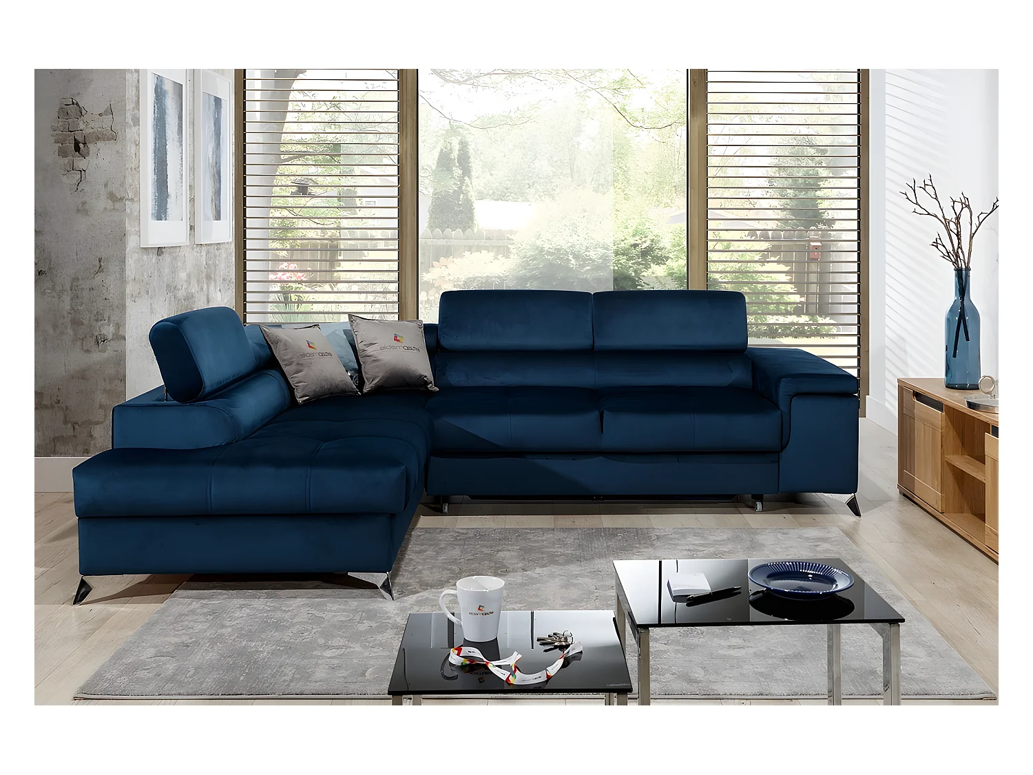 Hoekslaapbank van luxe stof ERWAN voor 5 personen, donkerblauw, linkerhoek