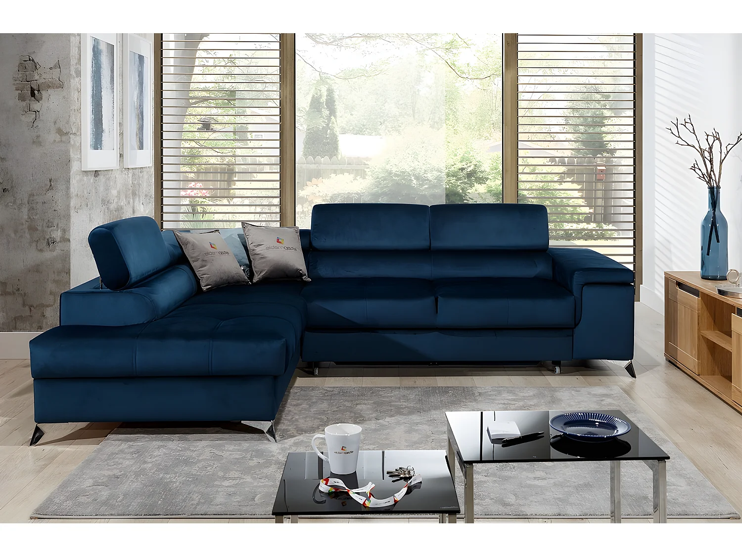 Canapé d'angle convertible - ERWAN - en tissu luxe 5 places, bleu foncé, angle gauche (vu de face)