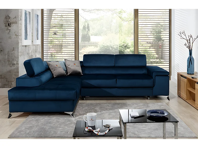 Canapé d'angle convertible - ERWAN - en tissu luxe 5 places, bleu foncé, angle gauche (vu de face)