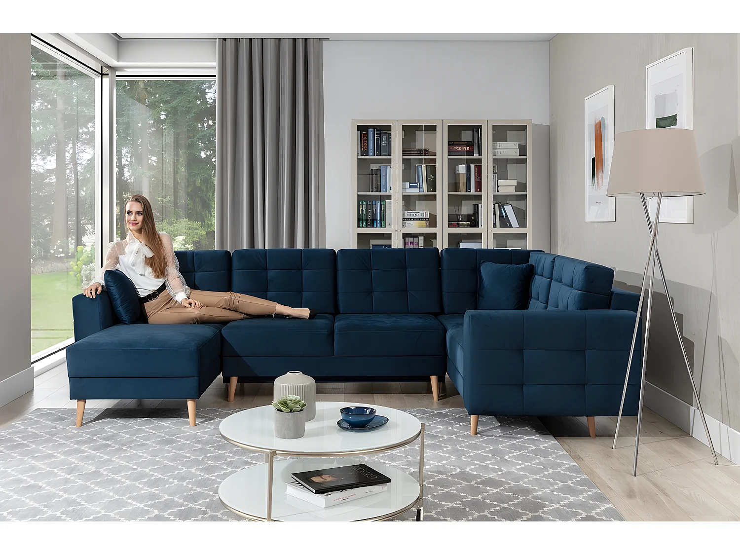 Canapé panoramique convertible - ASMA VELOURS - en tissu de qualité 5 places, bleu foncé, méridienne à gauche et angle à droite (vu de face)