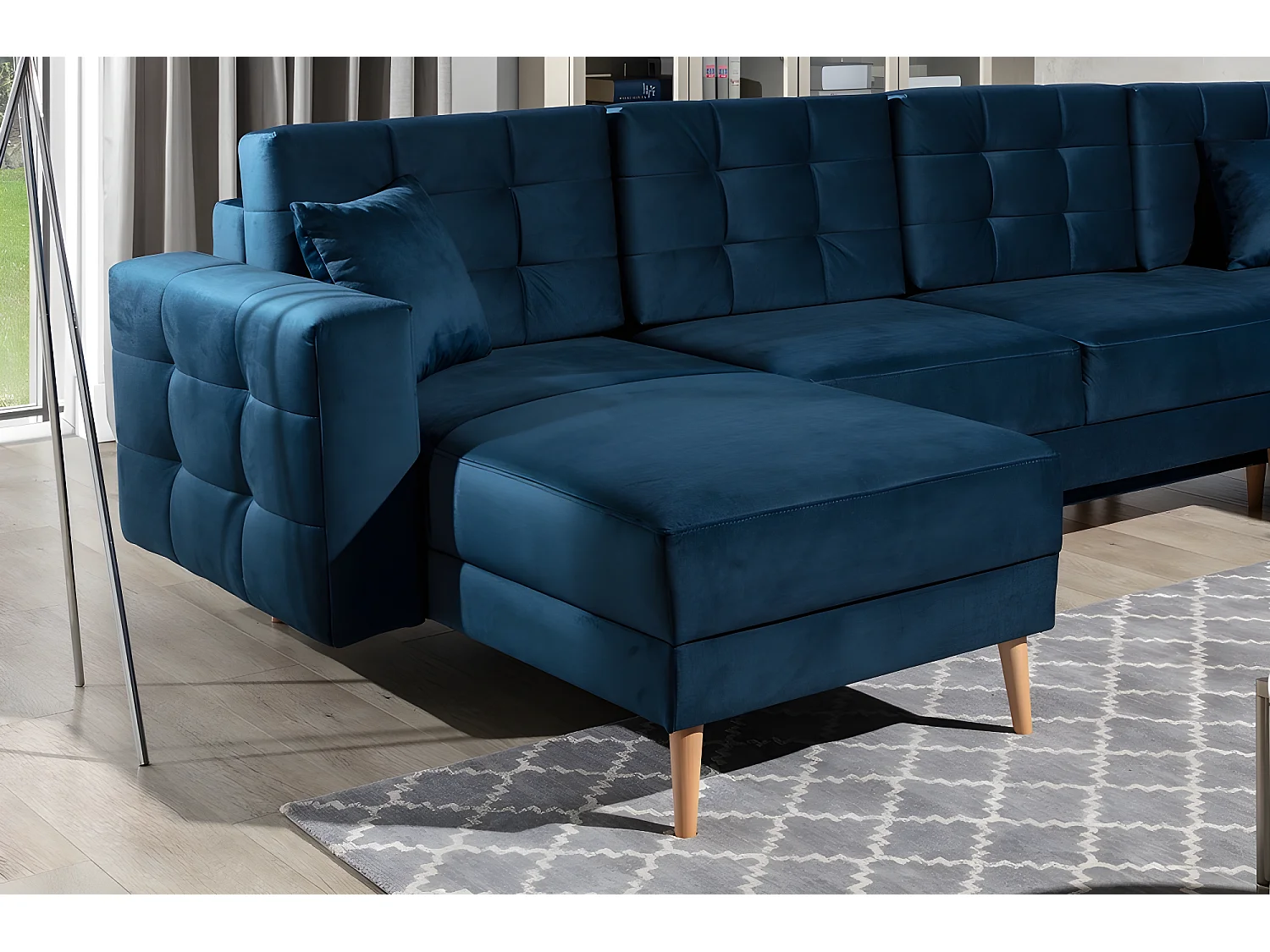 Canapé panoramique convertible - ASMA VELOURS - en tissu de qualité 5 places, bleu foncé, méridienne à gauche et angle à droite (vu de face)