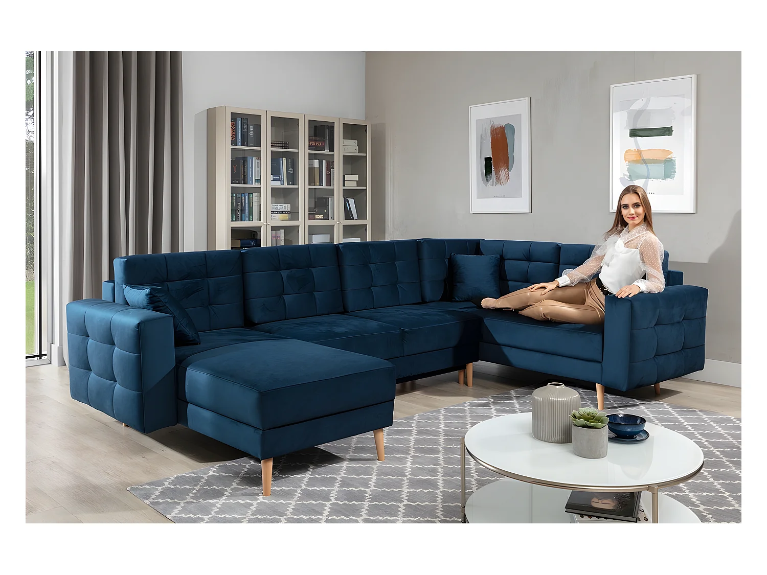 Canapé panoramique convertible - ASMA VELOURS - en tissu de qualité 5 places, bleu foncé, méridienne à gauche et angle à droite (vu de face)