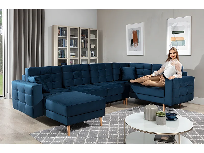 Canapé panoramique convertible - ASMA VELOURS - en tissu de qualité 5 places, bleu foncé, méridienne à gauche et angle à droite (vu de face)