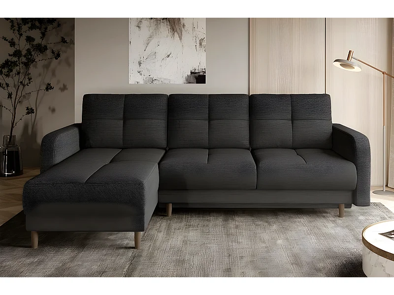 Canapé d'angle convertible en tissu luxe, rangement - gris foncé, angle gauche (vu de face), ROXANE