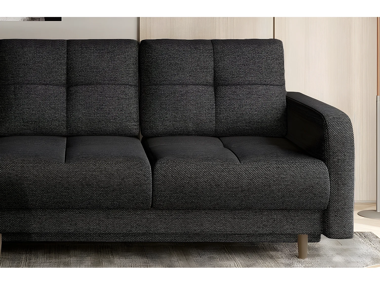 Canapé d'angle convertible en tissu luxe, rangement - gris foncé, angle gauche (vu de face), ROXANE