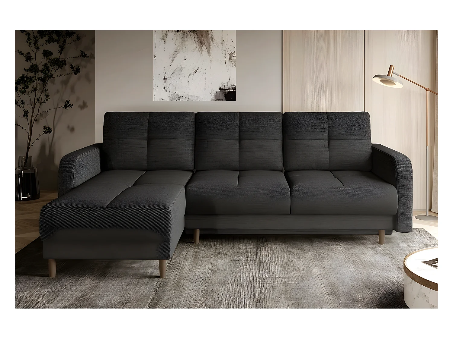 Canapé d'angle convertible en tissu luxe, rangement - gris foncé, angle gauche (vu de face), ROXANE