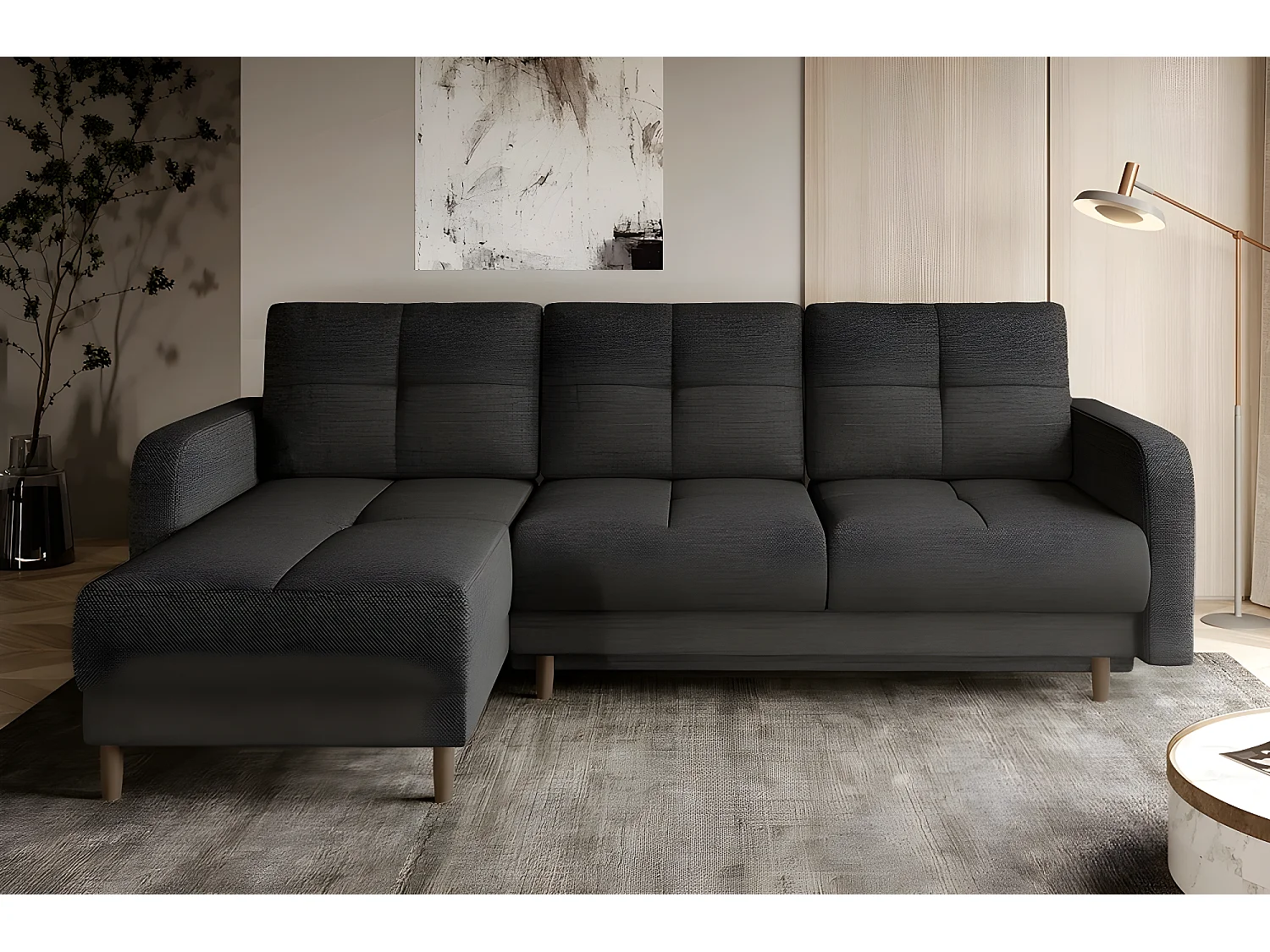 Canapé d'angle convertible en tissu luxe, rangement - gris foncé, angle gauche (vu de face), ROXANE