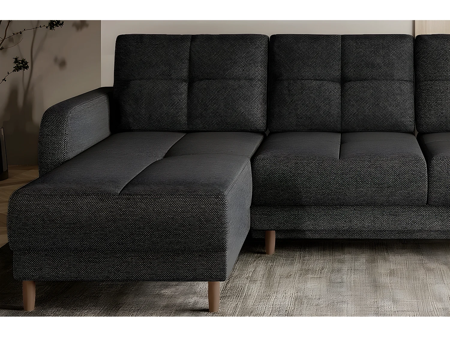 Canapé d'angle convertible en tissu luxe, rangement - gris foncé, angle gauche (vu de face), ROXANE