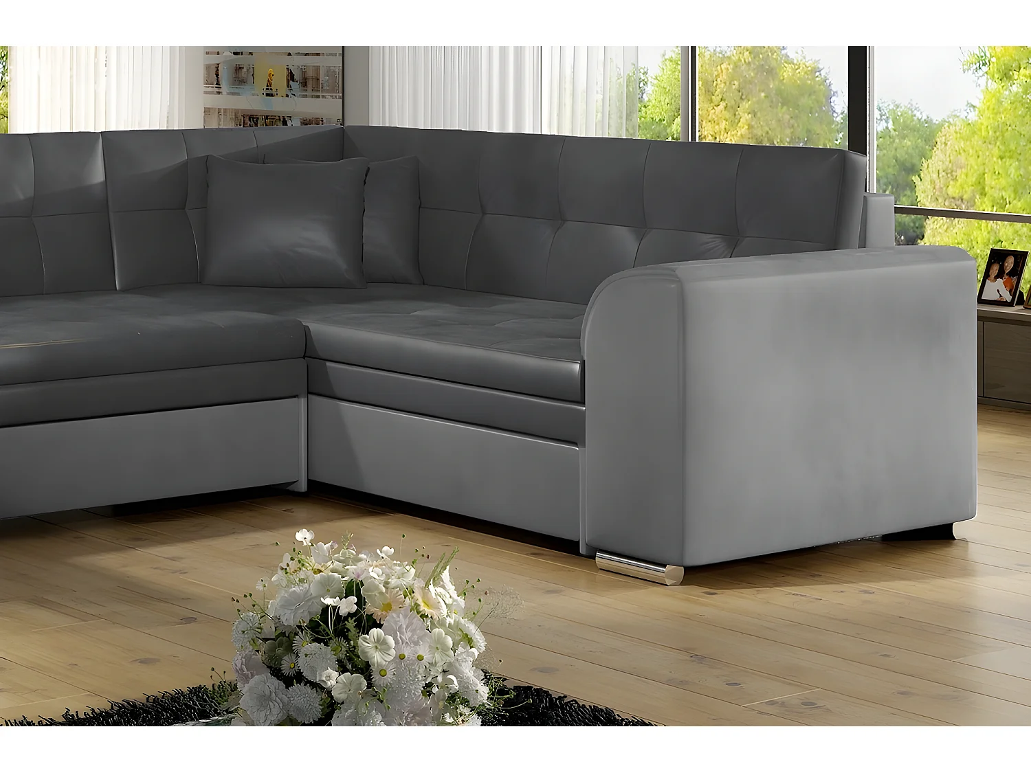 Canapé panoramique convertible - DAMIEN VELOURS - en tissu gris foncé et gris clair de qualité,  7 places, méridienne à droite et angle à gauche (vu de face)