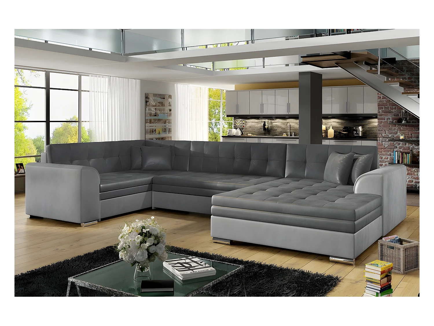 Canapé panoramique convertible - DAMIEN VELOURS - en tissu gris foncé et gris clair de qualité,  7 places, méridienne à droite et angle à gauche (vu de face)
