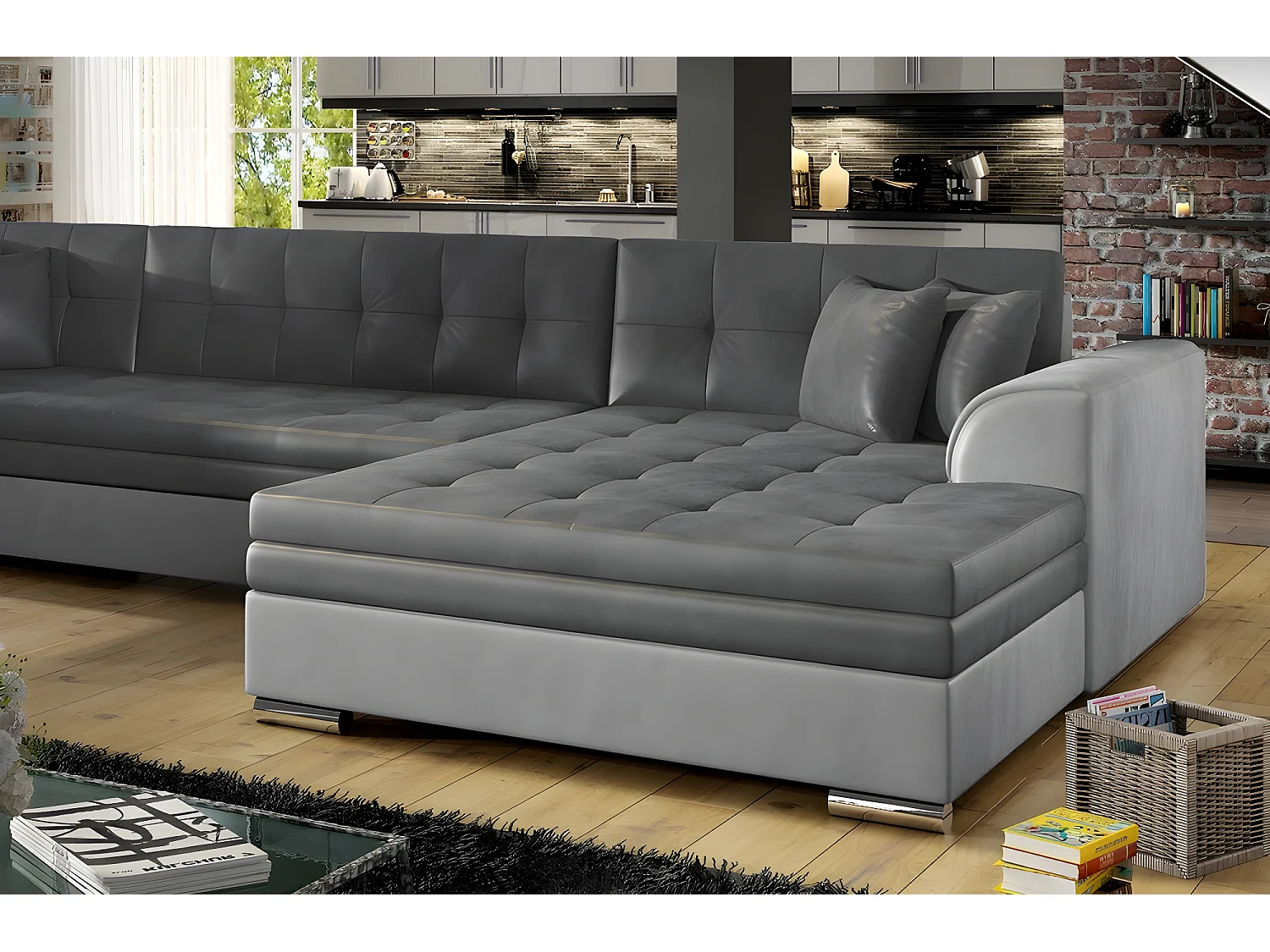 Canapé panoramique convertible - DAMIEN VELOURS - en tissu gris foncé et gris clair de qualité,  7 places, méridienne à droite et angle à gauche (vu de face)