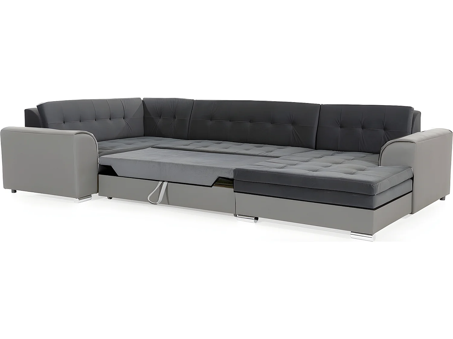 Canapé panoramique convertible - DAMIEN VELOURS - en tissu gris foncé et gris clair de qualité,  7 places, méridienne à droite et angle à gauche (vu de face)