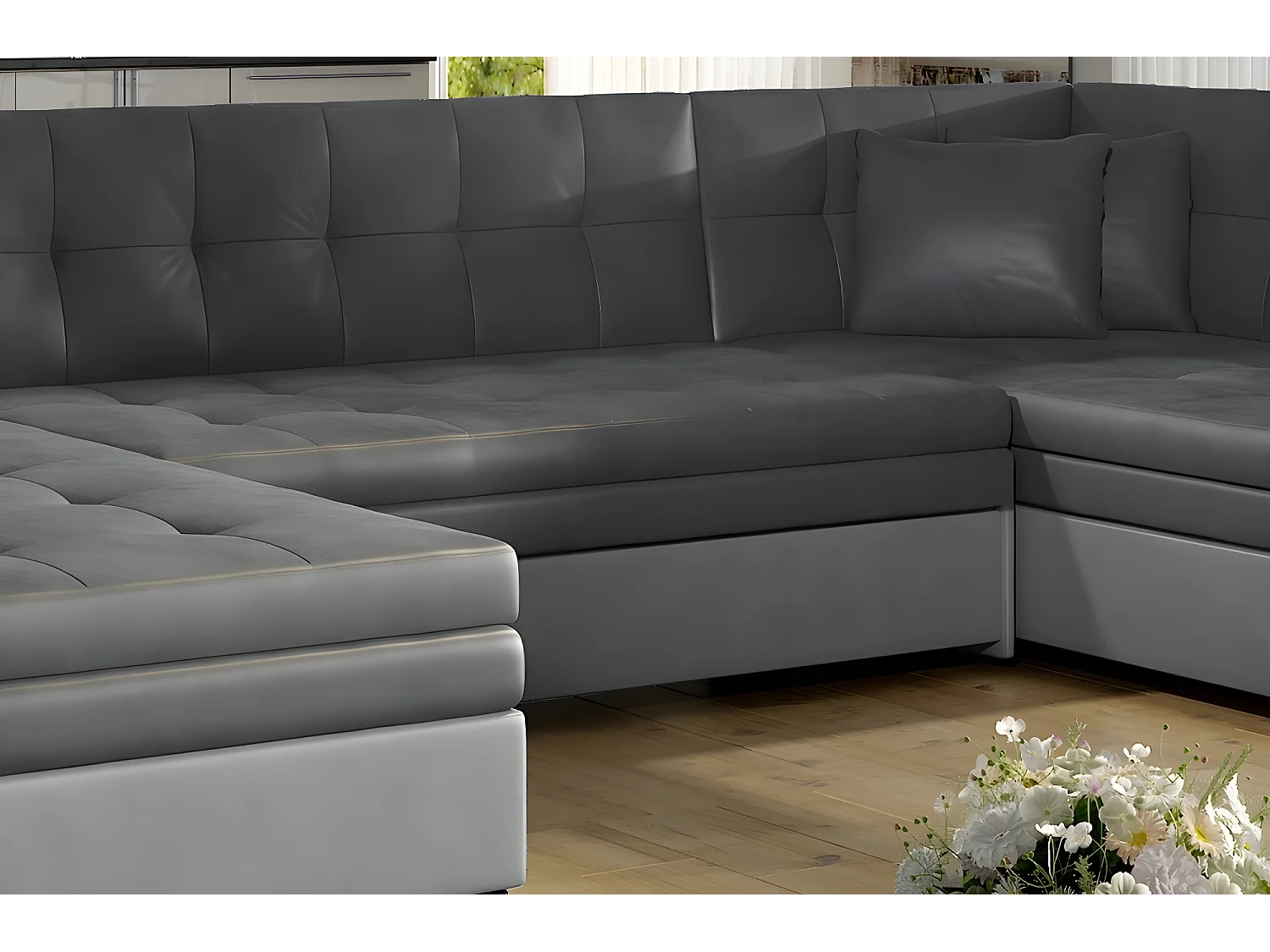 Canapé panoramique convertible - DAMIEN VELOURS - en tissu gris foncé et gris clair de qualité,  7 places, méridienne à droite et angle à gauche (vu de face)