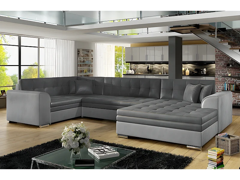 Canapé panoramique convertible - DAMIEN VELOURS - en tissu gris foncé et gris clair de qualité,  7 places, méridienne à droite et angle à gauche (vu de face)