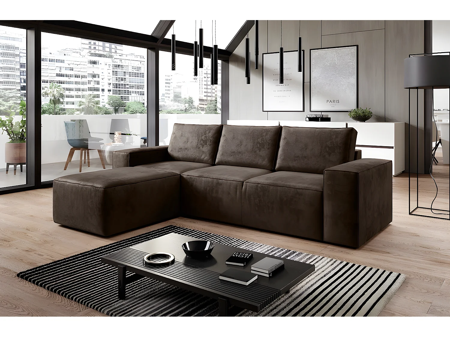 Canapé d'angle convertible - SIDNEY VELOURS - en tissu Luxe - 5/6 places, chocolat, angle gauche (vu de face)