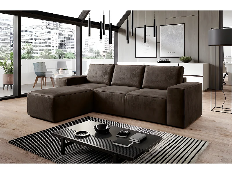 Luxe hoekbank van stof met opbergruimte en siliconen dons - SIDNEY VELOURS - 5/6 plaatsen, chocolade, linkerhoek