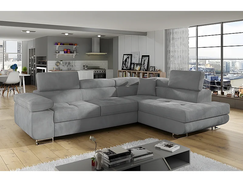 Canapé d'angle convertible en tissu luxe 5 places, ANNECY VELOURS, couleur gris clair, angle droit (vu de face)