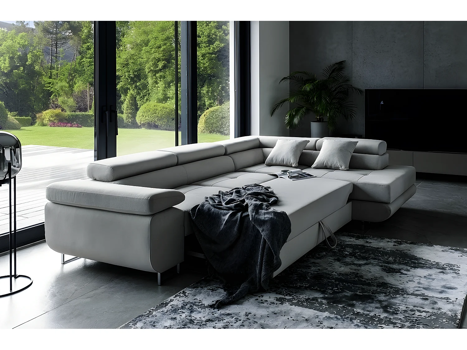 Canapé d'angle convertible en tissu luxe 5 places, ANNECY VELOURS, couleur gris clair, angle droit (vu de face)