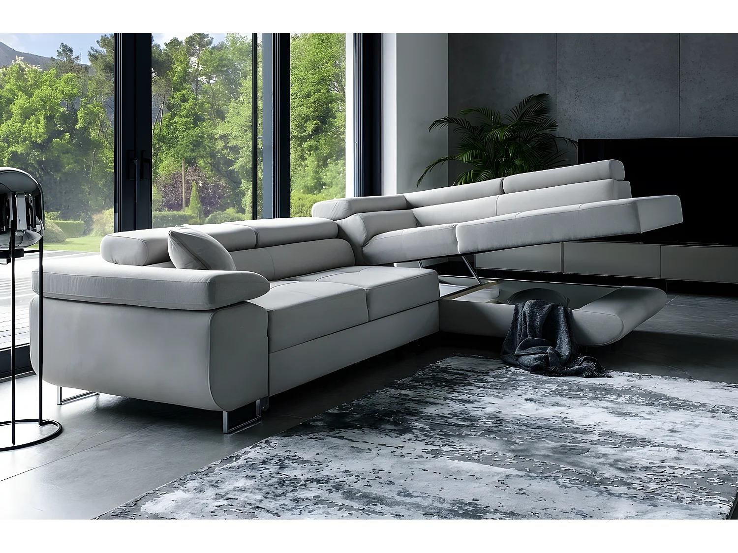 Canapé d'angle convertible en tissu luxe 5 places, ANNECY VELOURS, couleur gris clair, angle droit (vu de face)