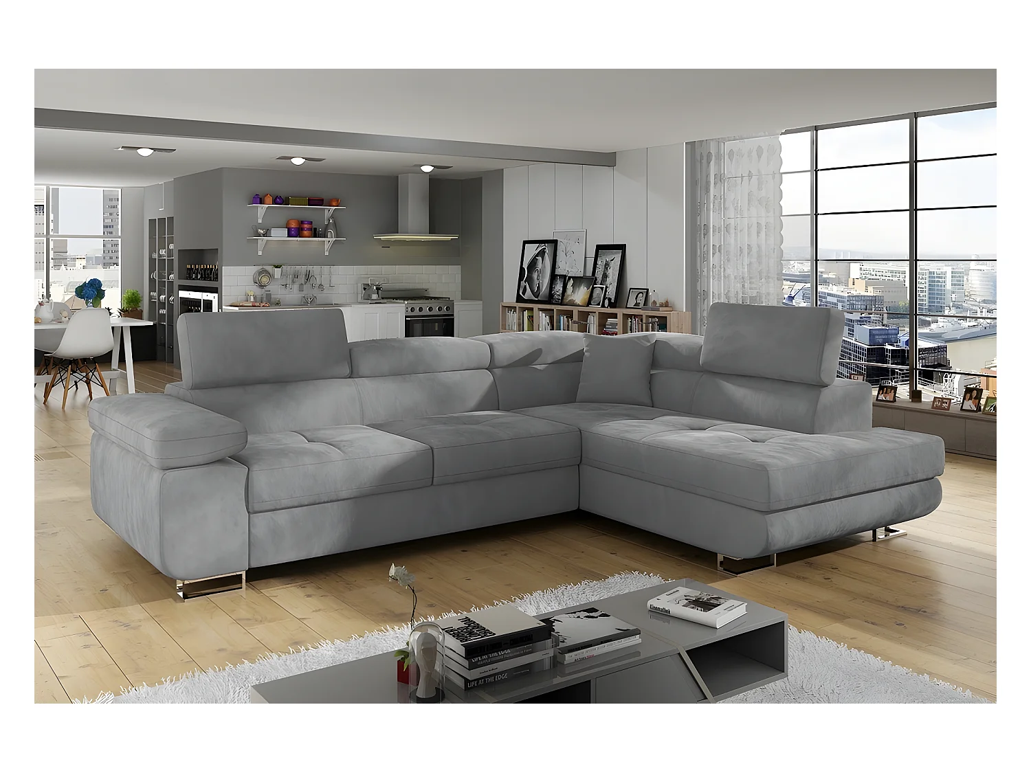 Canapé d'angle convertible en tissu luxe 5 places, ANNECY VELOURS, couleur gris clair, angle droit (vu de face)