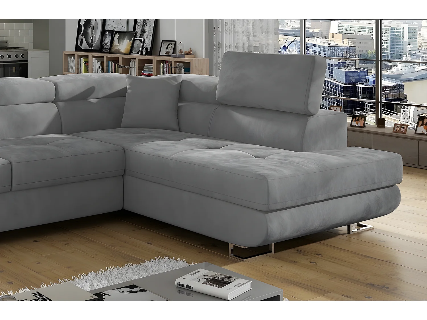 Canapé d'angle convertible en tissu luxe 5 places, ANNECY VELOURS, couleur gris clair, angle droit (vu de face)