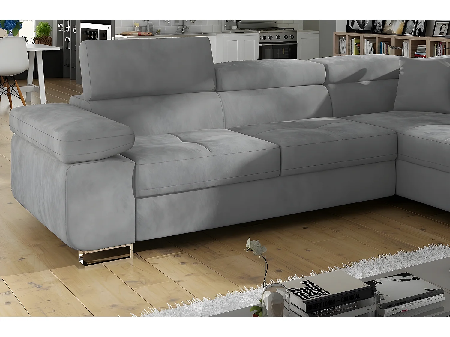 Canapé d'angle convertible en tissu luxe 5 places, ANNECY VELOURS, couleur gris clair, angle droit (vu de face)