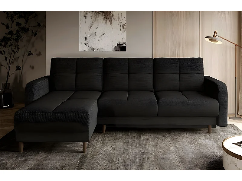 Canapé d'angle convertible en tissu luxe, rangement - noir, angle gauche (vu de face), ROXANE