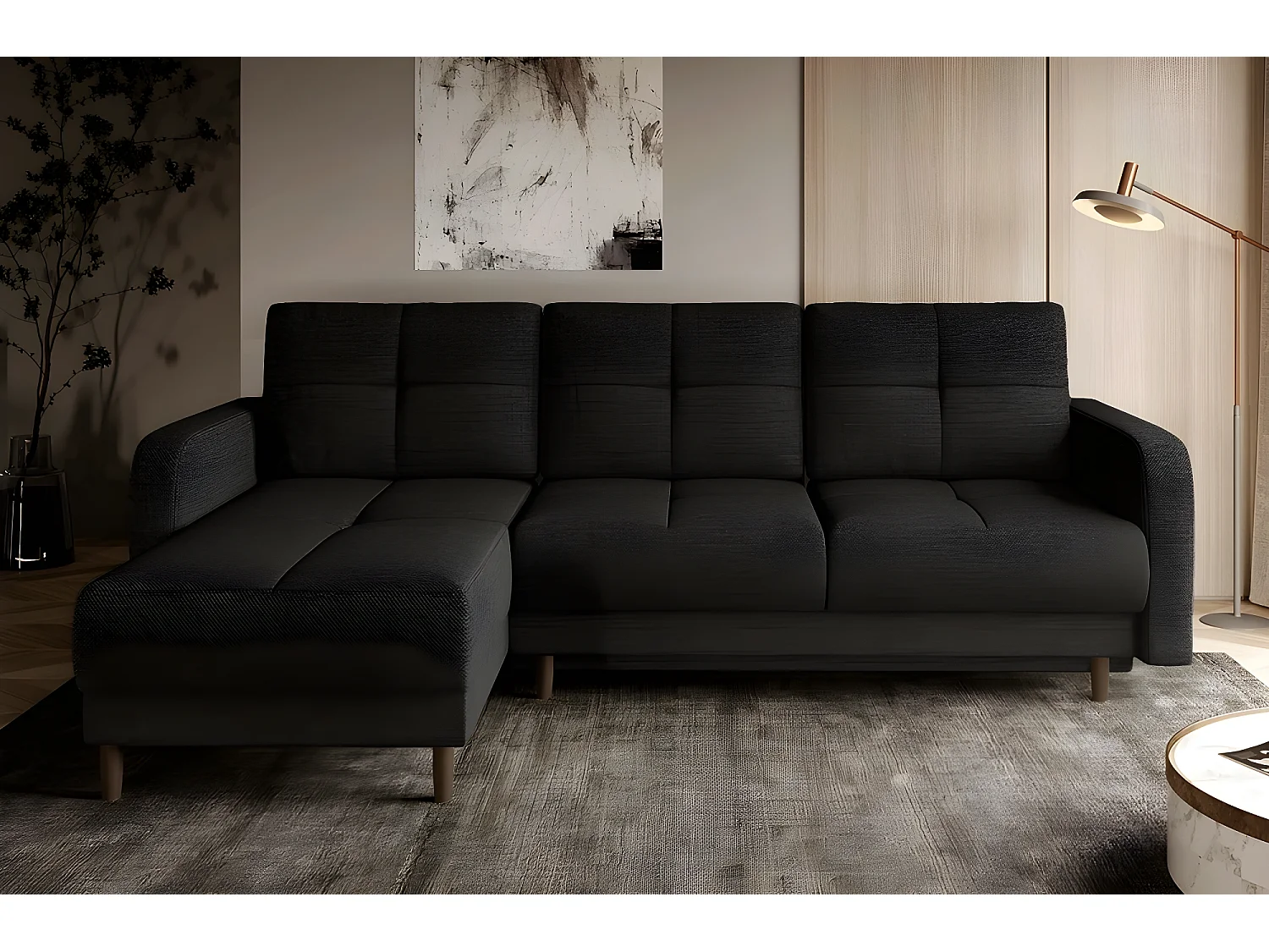 Canapé d'angle convertible en tissu luxe, rangement - noir, angle gauche (vu de face), ROXANE