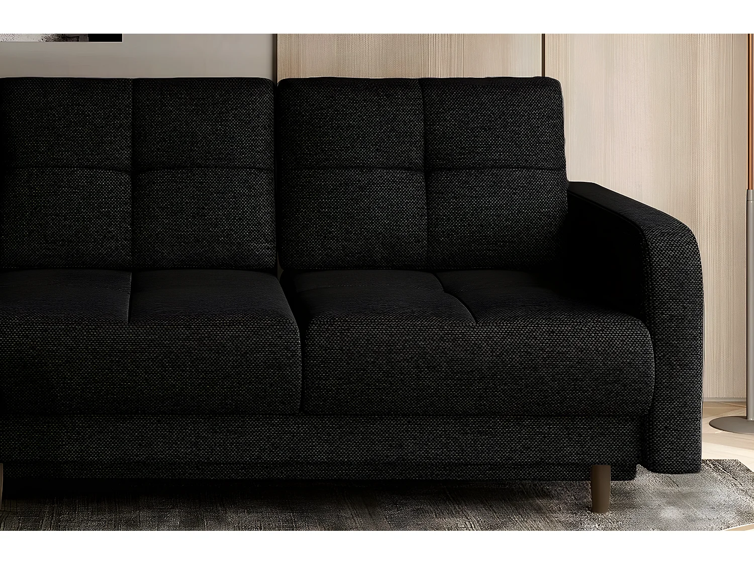 Canapé d'angle convertible en tissu luxe, rangement - noir, angle gauche (vu de face), ROXANE