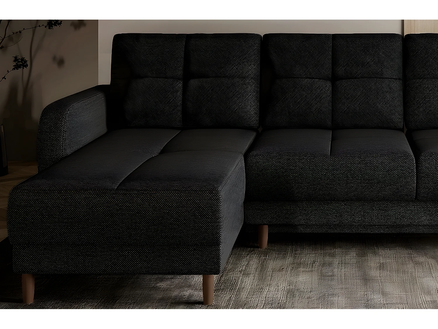 Canapé d'angle convertible en tissu luxe, rangement - noir, angle gauche (vu de face), ROXANE