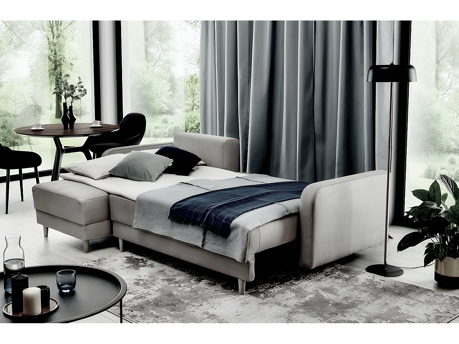 Canapé d'angle convertible en tissu luxe, rangement - noir, angle gauche (vu de face), ROXANE