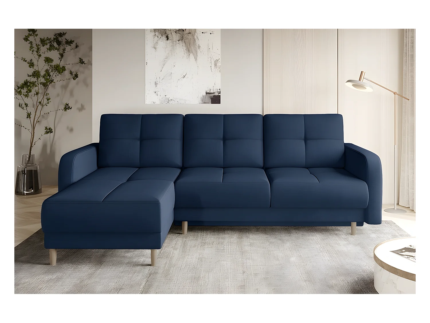 Canapé d'angle convertible en tissu velours luxe, rangement - bleu foncé, angle gauche (vu de face), ROXANE VELOURS