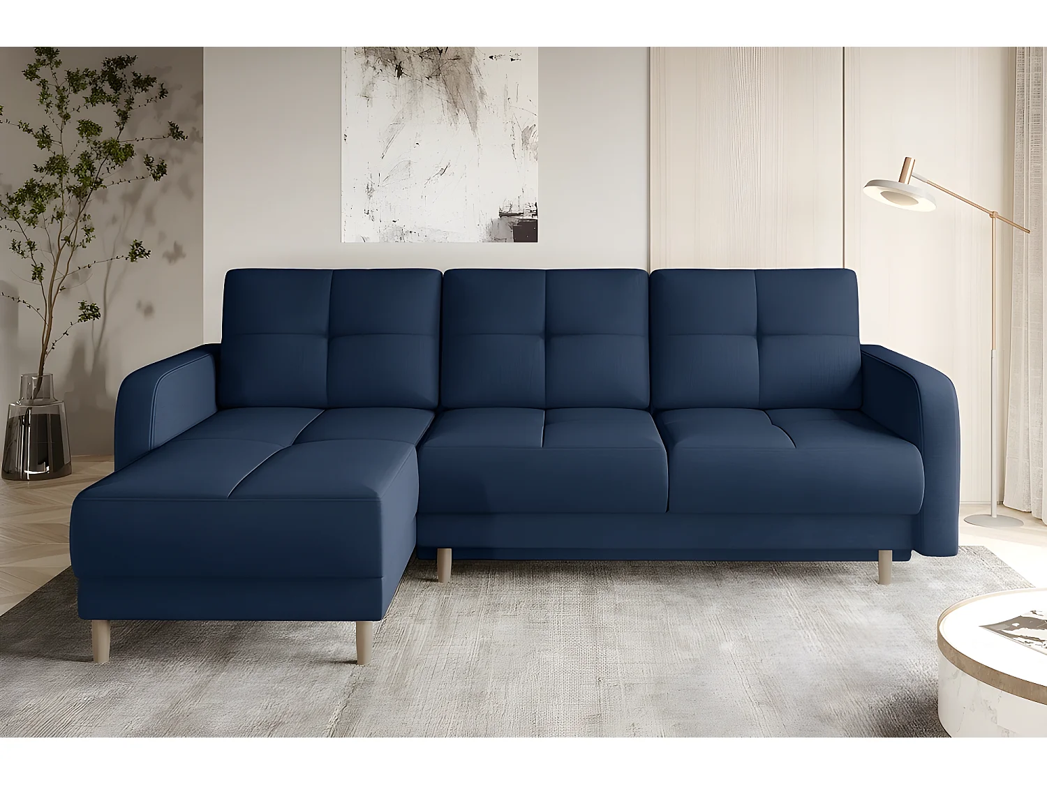 Canapé d'angle convertible en tissu velours luxe, rangement - bleu foncé, angle gauche (vu de face), ROXANE VELOURS