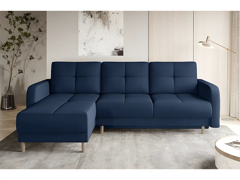 Canapé d'angle convertible en tissu velours luxe, rangement - bleu foncé, angle gauche (vu de face), ROXANE VELOURS