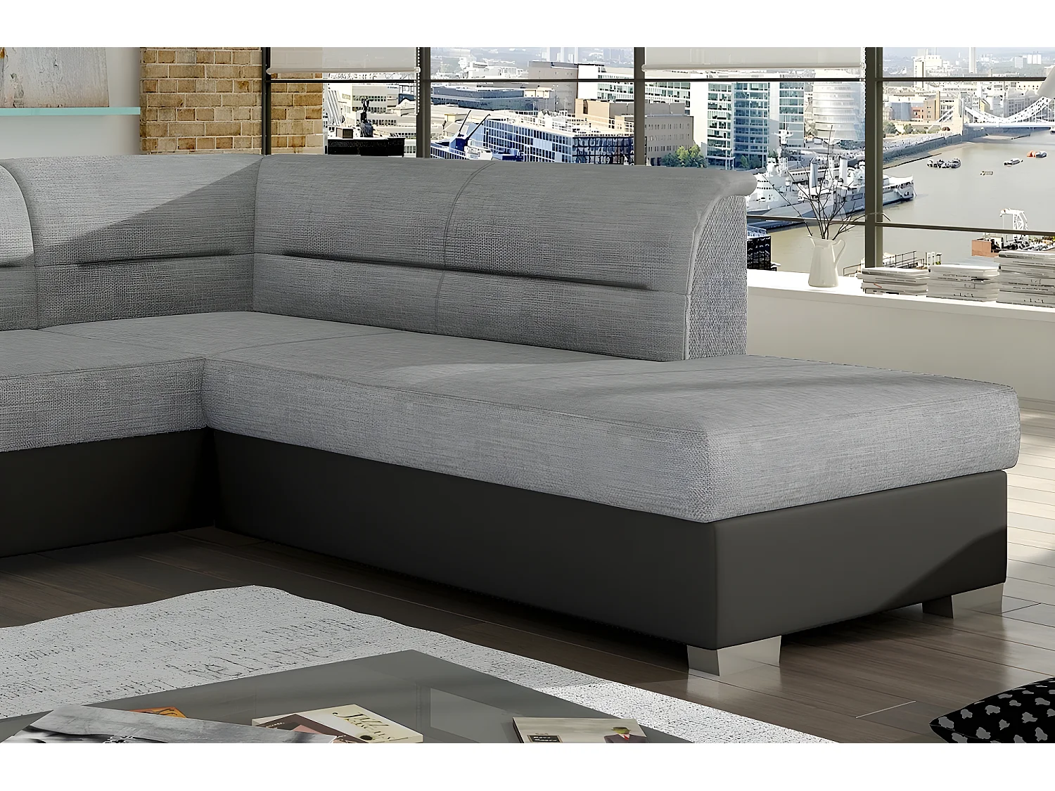 Canapé d'angle convertible en tissu luxe gris et simili cuir noir, 5 places, avec coffre, angle droit (vu de face), VERTU MIX