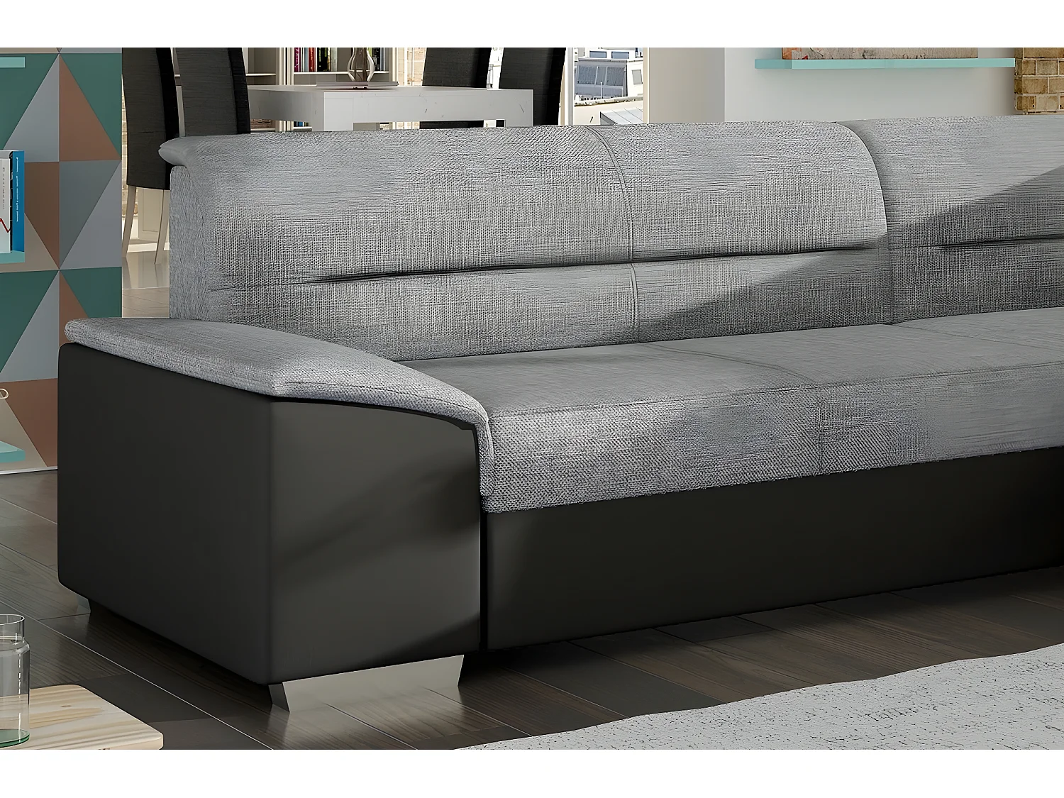 Canapé d'angle convertible en tissu luxe gris et simili cuir noir, 5 places, avec coffre, angle droit (vu de face), VERTU MIX